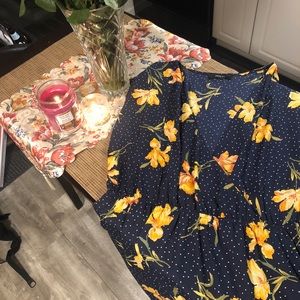 Blue polka dot floral wrap dress